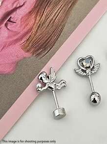 2 PCS Love Cupid Wings Fairy Wand Silver Color 316L Stainless Steel Ear Bone Nail For Women Valentines,Mom,Mother,Mother's Day,Gift