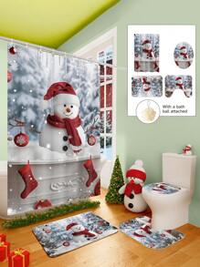 Conjunto de cortina de chuveiro com boneco de neve vermelho de Natal, 1/2/3/4 peças, com 12 ganchos e uma bola de chuveiro, cortina de chuveiro de poliéster impermeável e resistente a mofo, tapete antiderrapante para banheiro, tapete em U para vaso sanitário, capa protetora para vaso sanitário, conjunto decorativo para banheiro, sem necessidade de furadeira, vários tamanhos disponíveis, acessórios de decoração de outono para banheiro, volta às aulas
