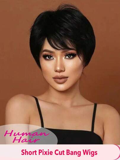 Human Hair Pixie Cut Wigs For Women Glueless Short Wig With Bangs Layered Pixie Cut Wigs Brazilian Remy Human Hair Full Machine Made Wig Natural Black Color Haircut Short Wigs For Women