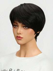 Peruci cu tuns pixie din păr uman pentru femei Perucă scurtă fără adeziv cu breton Peruci cu tuns pixie stratificat Perucă braziliană Remy din păr uman complet fabricată la mașină Peruci scurte de culoare neagră naturală pentru femei - Negru natural - Vizualizare 4