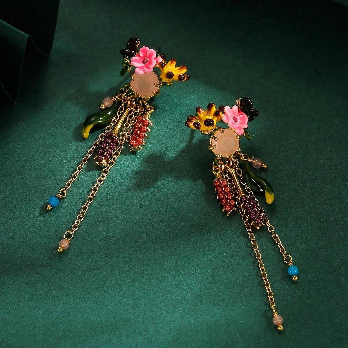 1pc Elegant HighEnd Enamel Floral Jade Stone & Black Butterfly Leaf