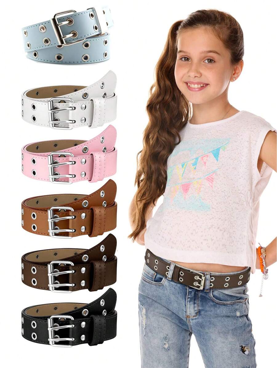 Cinturón de cintura con doble hebilla de remache con estrella vintage para niños y adolescentes, accesorio de ropa con hebilla de aguja fina de PU, cinturón de decoración de jeans de estilo callejero de alta gama para niña