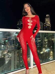Damen Langarm Off-Shoulder Jumpsuit mit Hohlmuster und hoher Dehnbarkeit für Partys - Rot - Übersicht 5