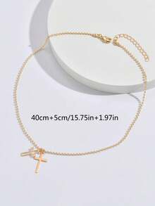 1 chiếc vòng cổ mặt thánh giá đôi rỗng vàng thời trang tối giản dành cho nữ - Vàng - Xem 5