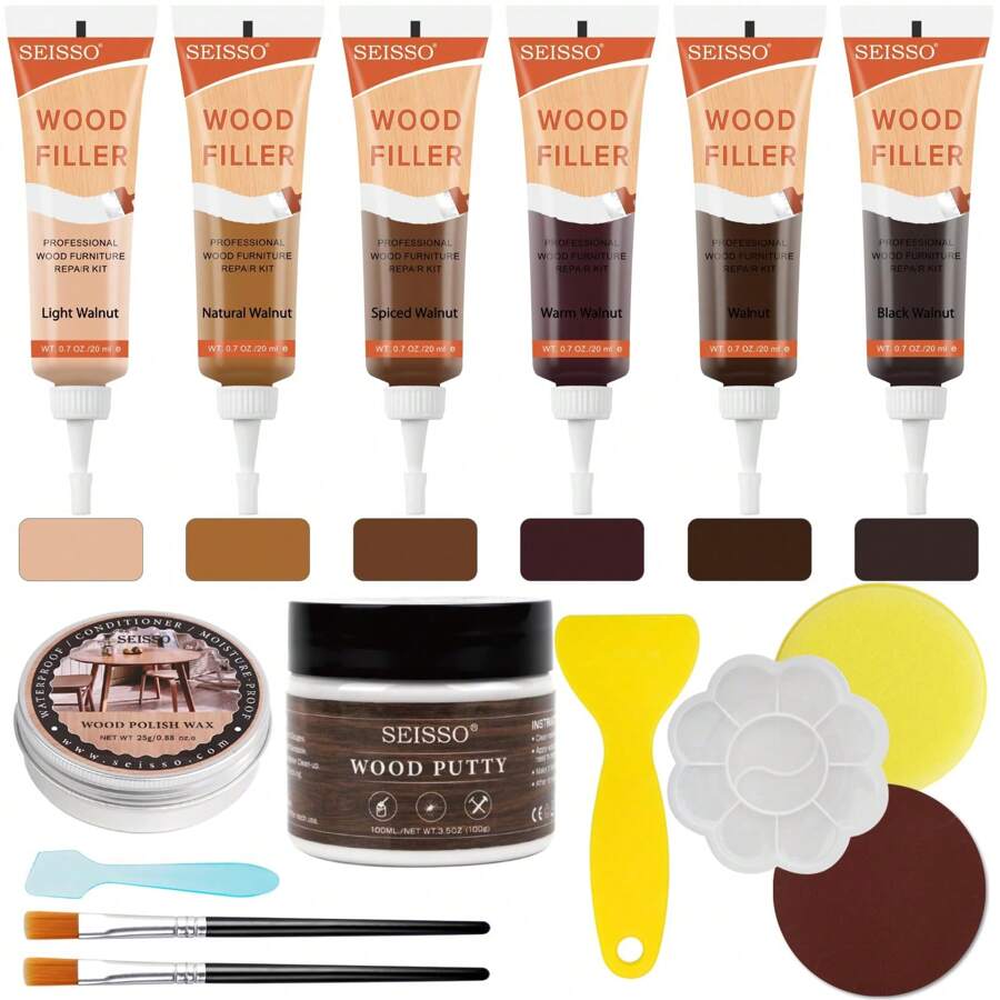 Wood Furniture Repair Kit, 6 Colors Wood Filler Hardwood Laminate Vinyl Floor Repair Kit, With Wood Putty, Wood Polish Wax For Hole, Scratch, Crack, Stain (Walnut Wood 15Pcs) - Walnut Wood 15pcs - View 1