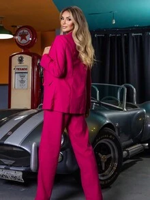 Women's Set With Blazer And Pants With Fake Pockets In Premium Natural Linen - 玫紅色 - 查看 2