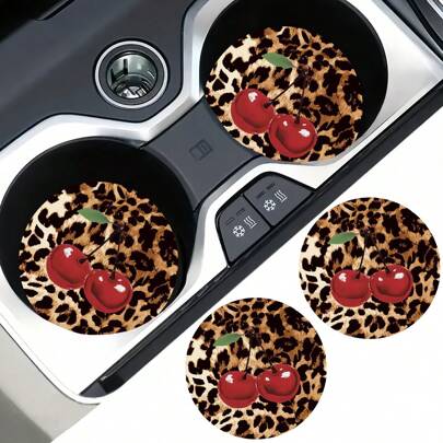 2 Stücke Kirsche Leopard Muster saugfähige Auto Getränkehalter Untersetzer, stylisch & langanhaltend, schnell trocknend, rutschfest