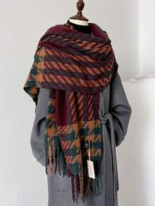 1 件千鸟格纹流苏围巾，优雅温暖配饰，时尚韩式，适合秋冬季，送给女朋友的礼物 - 彩色 - 查看 3