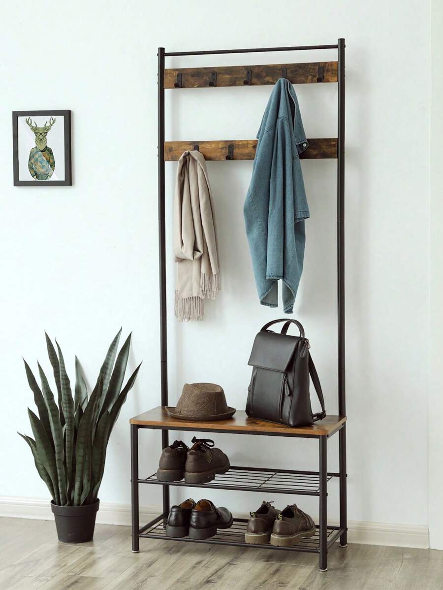 VASAGLE Porte-Manteau avec Étagère à Chaussures, Meuble d'Entrée avec Banc, 3-en-1, Cadre en Acier, pour Entrée, Couloir, 32 x 70 x 177 cm, Style Industriel, Couleur Chêne et Crème/ Grège et Noir/ Marron Châtaigne et Noir/ Marron Rustique et Noir
