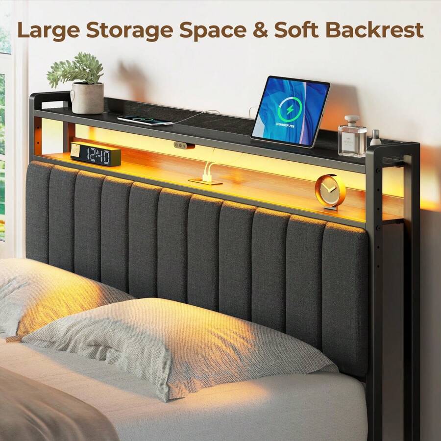 GREENSTELL Headboard For Twin/Full/Queen Size Bed With Storage, Headboards With Outlets, USB Ports And LED Light, 60,000 DIY Color Of LED Light, Head Board With USB & Type C Port, Height Adjustable, Height Adjustable, Comfortable Headboard - Xem 1