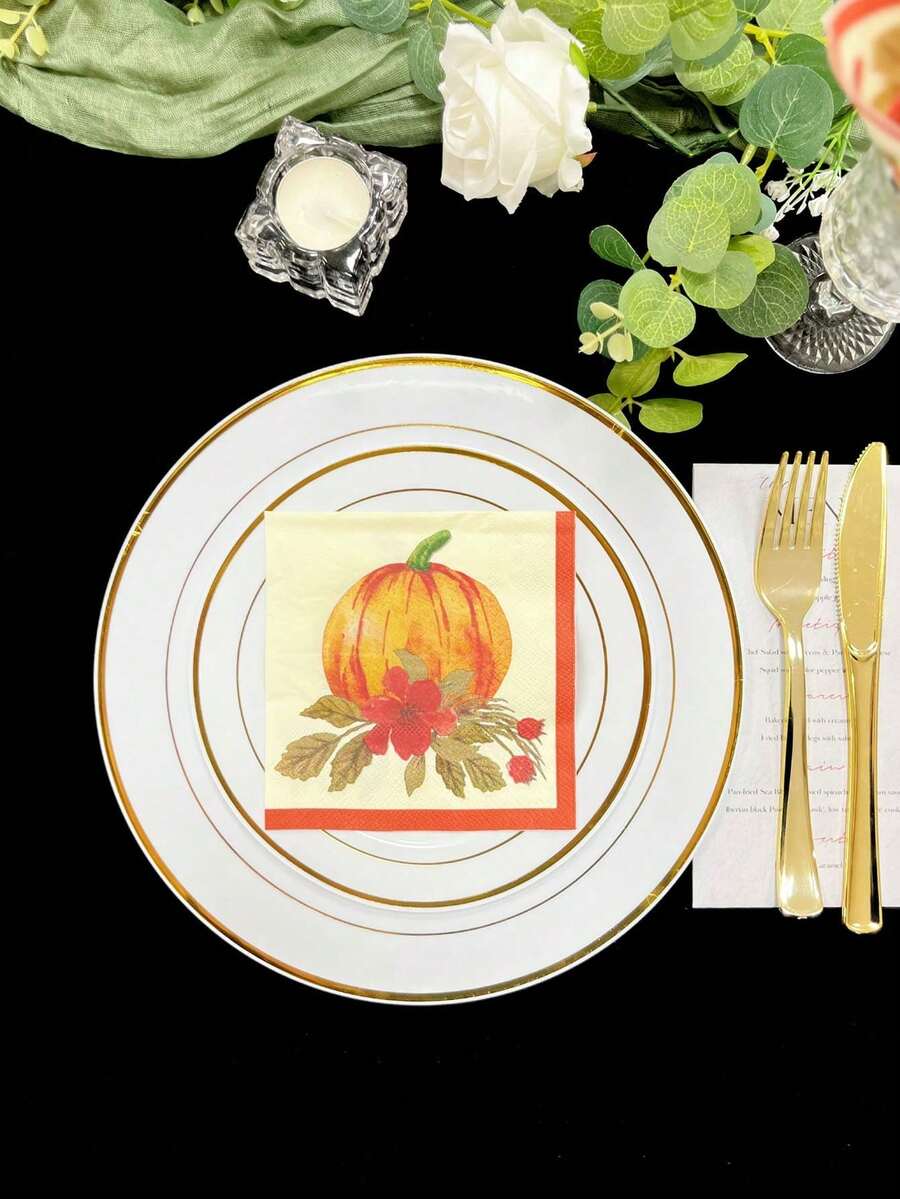 20 张 3 层加厚南瓜印花纸巾，10*10 英寸，秋收节感恩节庆祝派对装饰纸巾，餐厅和家庭餐桌装饰，派对用品 - 彩色 - 查看 1