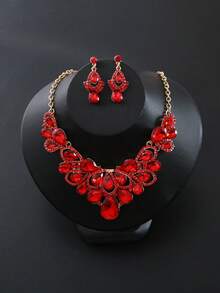 3pcs Earrings Plus Necklace Elegant Jewelry Set Inlaid Rhinestone Champagne Color Dainty Evening Party Decor Gift For Her