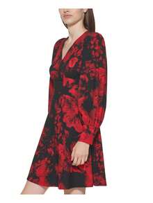 CALVIN KLEIN Womens Stretch Zippered Pleated Scuba Crepe Long Sleeve V Neck Short Party Fit + Flare Dress - Đỏ - Xem 3