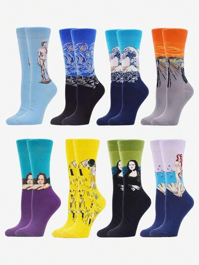 1 Pair Unisex Colorful Funny Crew Socks Painting Patterned Famous Art Socks Printed Cool Novelty Fun Dress Socks For Women, Fall