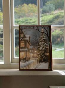 1 件圣诞小镇印刷品、复古风格圣诞村印刷品、节日绘画、季节性家居装饰、无框 - 彩色 - 查看 3