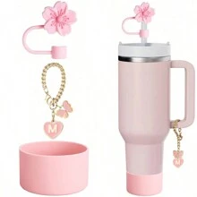 Compatible con accesorios de la Copa , 1 pieza Tapa de pajita con flor de cerezo rosa para taza, 1 pieza Bota de silicona, 1 pieza Encantos con letras lindas para tumblers de 30 y 40 onzas con asa, regalo para el Día de la Madre