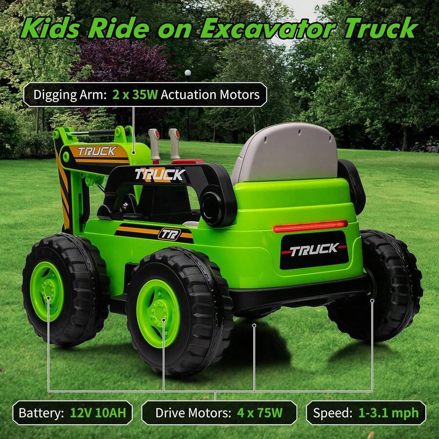 12V Kids Ride On Excavator Digger Truck With Remote Control & Electric