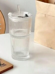 1pc Transparent Glass Cup With Striped Pattern Lid And Straw, Portable And Simple Style Cup For Water, Tea Or Coffee, With A Highly Attractive Ins Style; Comes With A Round Shape, With A Capacity Of 350 Ml Back To School