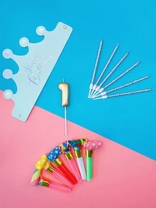 1 套生日快乐帽、蜡烛、吹龙装饰套装，包括金色闪光蜡烛、生日蛋糕蜡烛、气球、金色数字蜡烛 0-9、新年派对银色蜡烛 - 彩色 - 查看 17