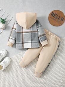 BrownBark 2pcs Baby Boy Casual Outdoor Set: Plaid Pocket Hoodie Shirt + Leisure Pants, Autumn Winter Outfit - Apricot - View 3