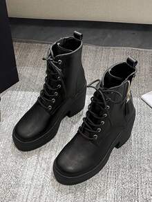 Giày bốt buộc dây cao gót mới, giày bốt đế dày mũi tròn màu đen, giày bốt ngắn đế dày, chống thấm nước, giày bốt mô tô thời trang gợi cảm - màu đen - Xem 12