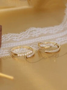 Bộ 2 chiếc nhẫn hở hình học giao nhau hai lớp đính đá Rhinestone sang trọng không đối xứng - Vàng - Xem 2