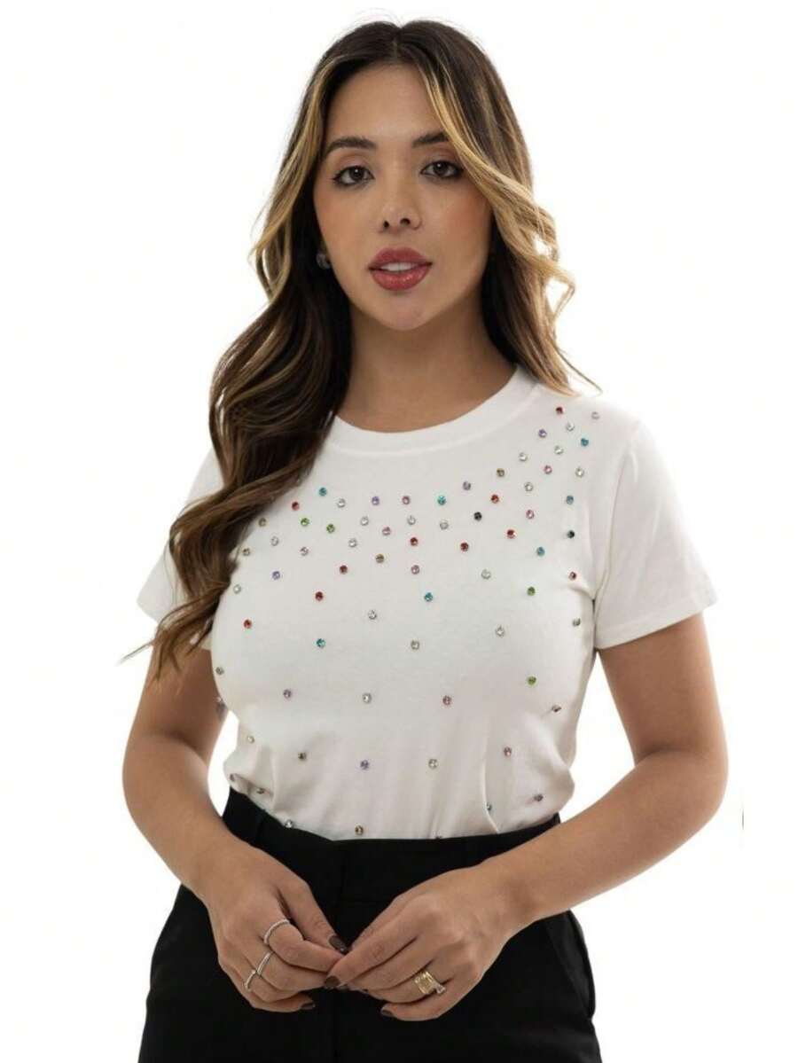 Women's T-Shirt With Colorful Appliques - trắng - Xem 1