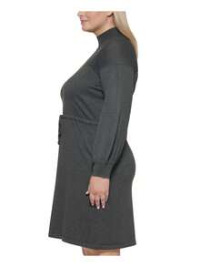 CALVIN KLEIN Womens Ribbed Textured Drawstring Tie Waist Long Sleeve Mock Neck Above The Knee Wear To Work Sweater Dress - Xám - Xem 3