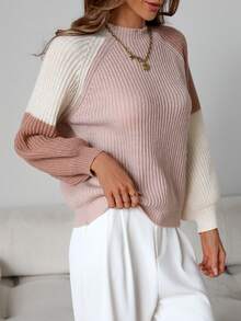 Suéter de punto de manga larga y bloque de color elegante para mujer, otoño e invierno