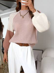 Suéter de punto de manga larga y bloque de color elegante para mujer, otoño e invierno