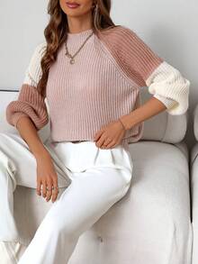 Suéter de punto de manga larga y bloque de color elegante para mujer, otoño e invierno