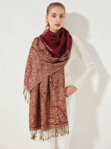 1pc Retro Elegant & Versatile Paisley Print Scarf - Burgundy - View 5