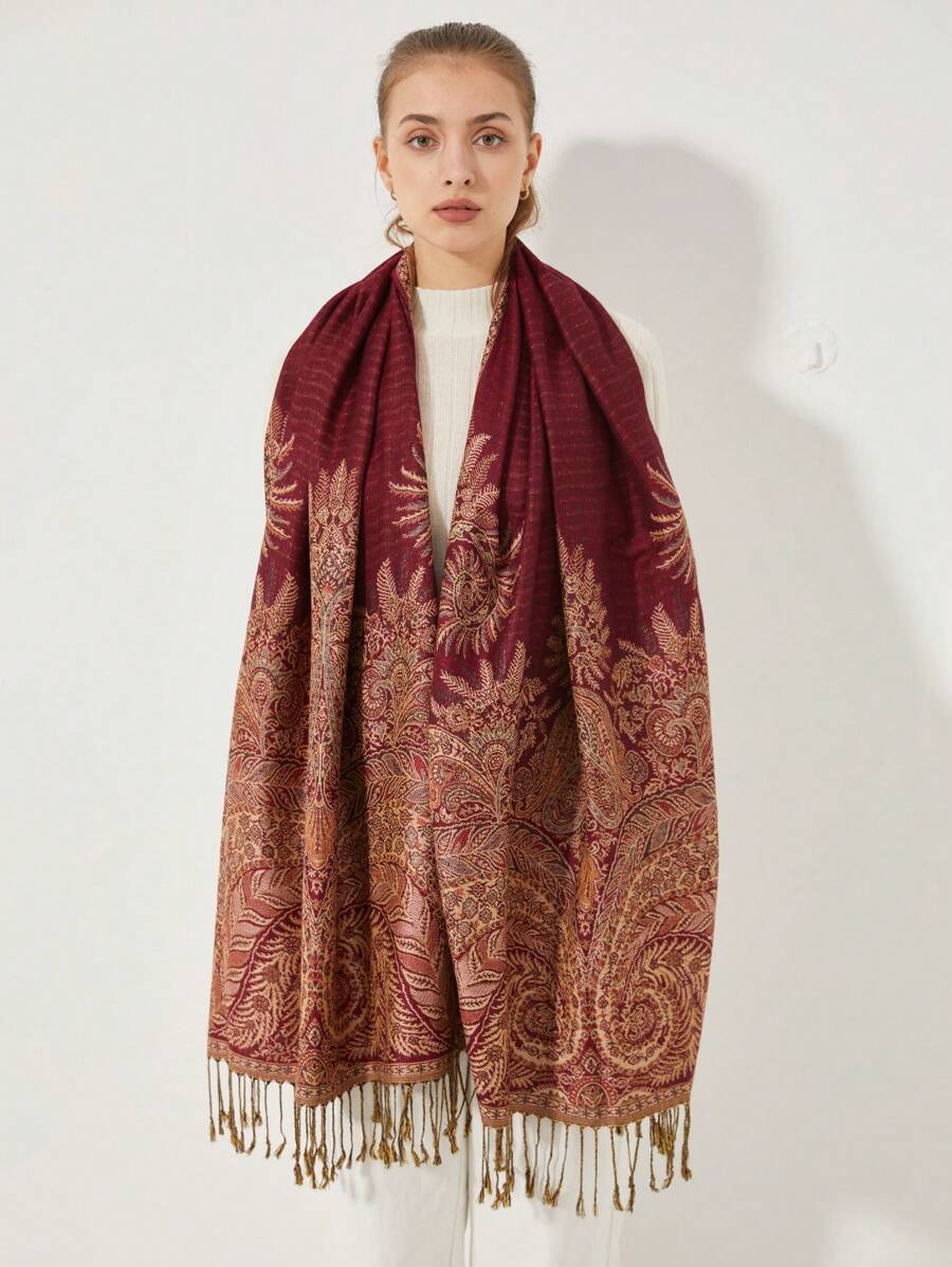 1pc Retro Elegant & Versatile Paisley Print Scarf - Burgundy - View 1