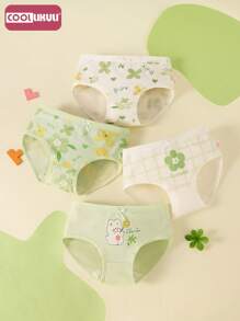 Coollikuli 4条装少女内裤舒适柔软清新简约花朵印花女童三角内裤四季适用