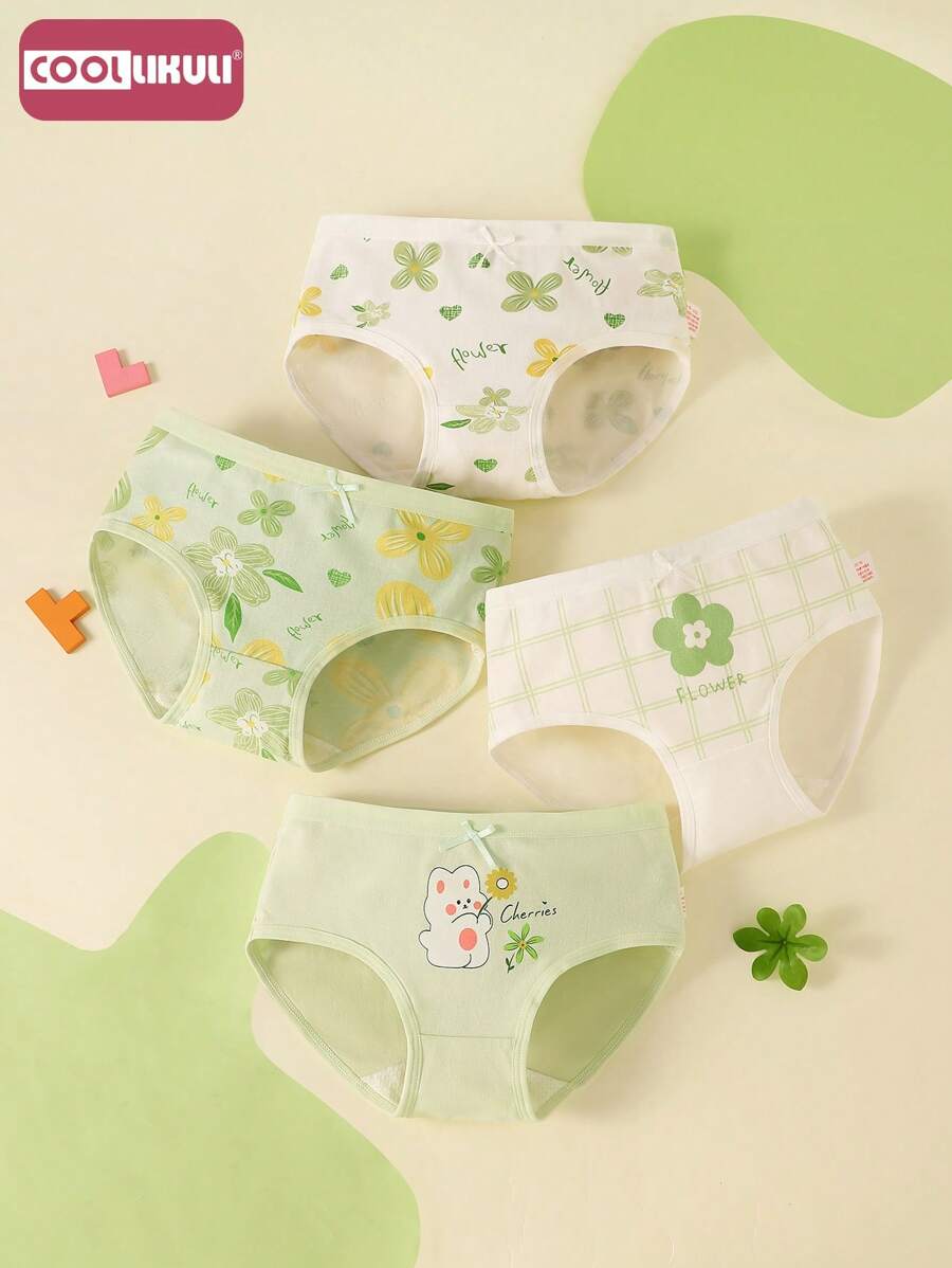 Coollikuli 4条装少女内裤舒适柔软清新简约花朵印花女童三角内裤四季适用