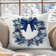 1 件简约圣诞蓝色花环抱枕套，单面印花柔软毛绒面料，45 * 45 厘米/18 * 18 英寸靠垫套适用于现代客厅沙发、派对装饰、礼物 - 彩色 - 查看 1