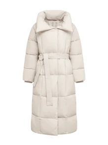Women Long Puffer Jacket Belted Winter Water Repellent Wind-Resistant Ladies Classic Long Coat Big Pocket Large Lapel - Cream - View 5