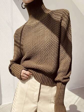 Women Solid Color Long Sleeve Simple Turtleneck Sweater, Casual Daily Wear