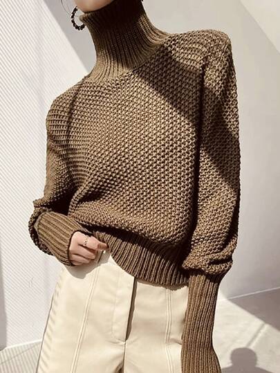Women Solid Color Long Sleeve Simple Turtleneck Sweater, Casual Daily Wear