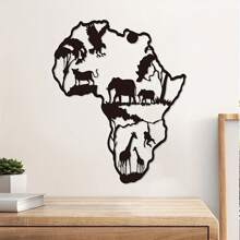 1 pièce Sculpture murale en fer en forme de carte d'Afrique avec animaux - Décoration d'intérieur/extérieur artisanale pour le salon, la chambre à coucher ou la terrasse - Art métallique saisissant, décoration de la maison, décoration de la pièce, décoration murale