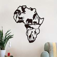 1 pièce Sculpture murale en fer en forme de carte d'Afrique avec animaux - Décoration d'intérieur/extérieur artisanale pour le salon, la chambre à coucher ou la terrasse - Art métallique saisissant, décoration de la maison, décoration de la pièce, décoration murale