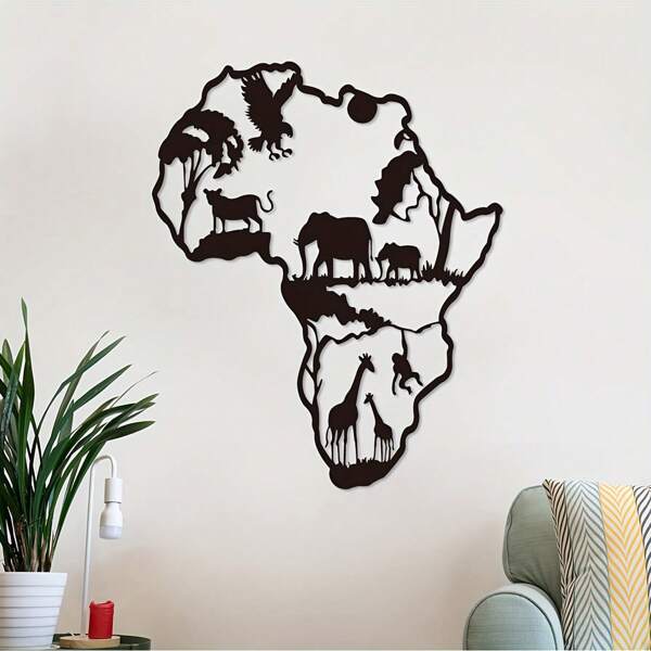 1 pieza Escultura de pared de mapa de animales africanos de hierro - Decoración interior/exterior artesanal para sala de estar, dormitorio o patio - Arte metálico llamativo, decoración para el hogar, decoración de habitación, decoración de pared