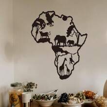 1 pièce Sculpture murale en fer en forme de carte d'Afrique avec animaux - Décoration d'intérieur/extérieur artisanale pour le salon, la chambre à coucher ou la terrasse - Art métallique saisissant, décoration de la maison, décoration de la pièce, décoration murale