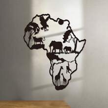 1 pièce Sculpture murale en fer en forme de carte d'Afrique avec animaux - Décoration d'intérieur/extérieur artisanale pour le salon, la chambre à coucher ou la terrasse - Art métallique saisissant, décoration de la maison, décoration de la pièce, décoration murale