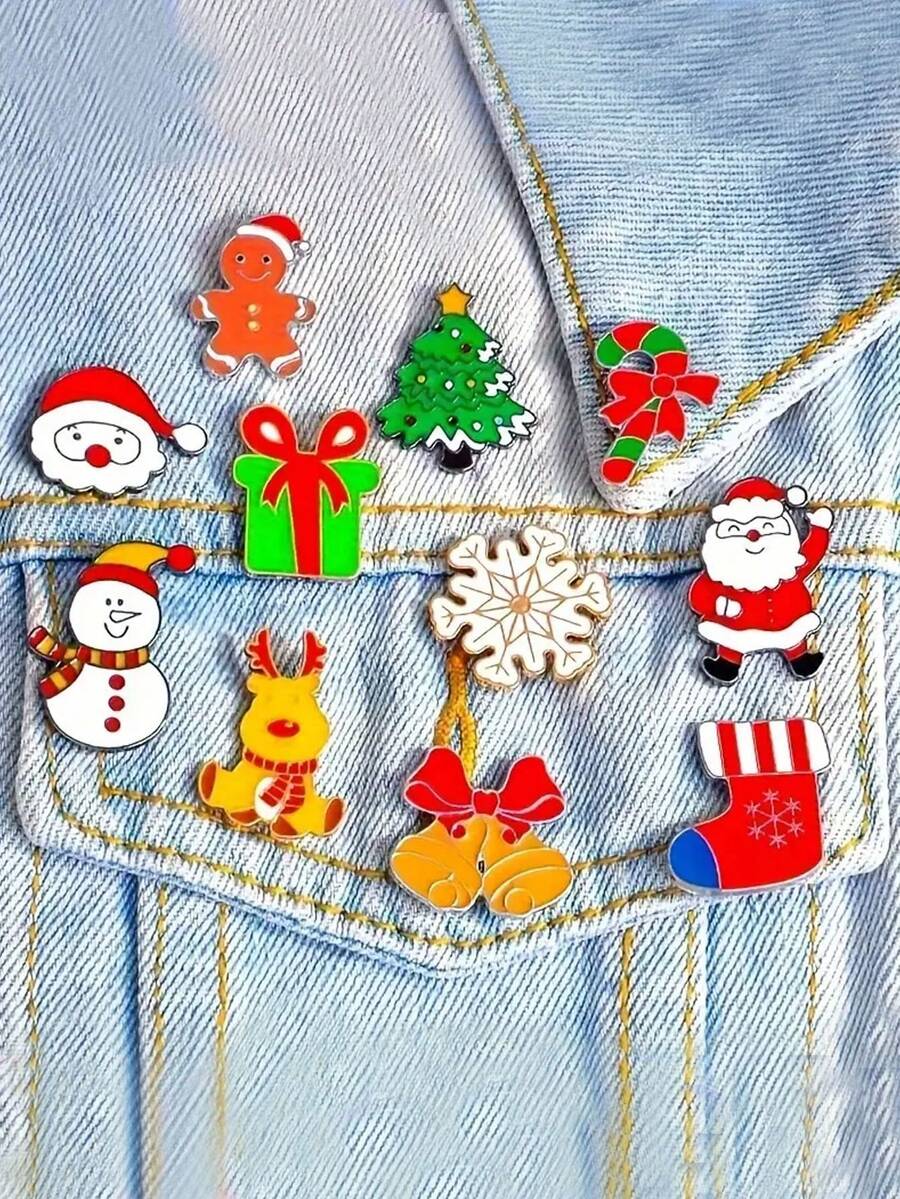 Bộ 11 trâm cài áo hoạt hình Giáng sinh - Trâm cài áo bằng hợp kim tráng men chủ đề Giáng sinh và Ông già Noel dễ thương, Thích hợp cho phụ nữ, Phụ kiện thời trang, Thích hợp để đeo hàng ngày và dự tiệc, Hoàn hảo cho lễ kỷ niệm Tết Nguyên đán - Nhiều màu - Xem 1