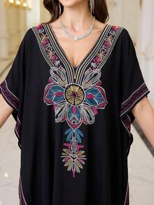 Black Embroidered Arabic Style V Neck Lounge Dress Thobe For Women House Dress Kaftan Eid - Black - View 3