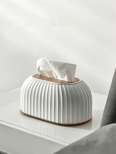 1pc Two Tone Tissue Box Cover, Modern Simple ABS Tissue Holder, Desktop Facial Tissue Dispenser, Living Room Bedroom Furniture Decor, Ribbed Design Organizer, Holds One Box Of Tissues, Elegant Decorative Style, Back To School,Office Home Table Accessory
