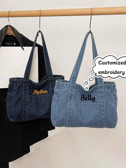 1pc Personalized Embroidered Custom Name's High-Quality Blue Canvas Tote Bag, Large Capacity Commute/Work/Shopping Shoulder Bag For Women, Minimalist Design Tote Bags For Women & Tote Bag Large, Local