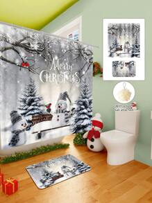 1/2/3/4 Pieces Christmas Collection Shower Curtain, Cute Snowman Woven Shower Curtain, Bathroom Non-Slip Mat, Toilet U-Mat, Toilet Lid Cover Mat, Bathroom Complete Set, Modern Waterproof Bathroom Decoration, Comes With 12 Hooks And A Shower Ball, Multiple Sizes Available Back To School