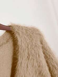 1 chiếc áo len cardigan dệt kim đơn hàng khuy đơn giản, vai trễ màu trơn cho nữ, áo len thu đông, áo nữ - Màu be - Xem 9